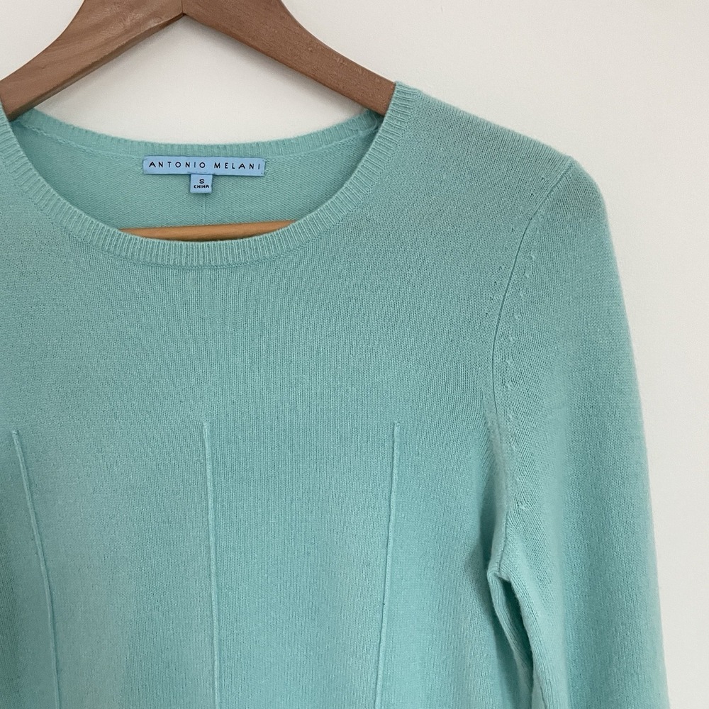 100% Cashmere Antonio Melani Sweater Aqua Peplum Hem Small Career Quite Luxury - Picture 7 of 16